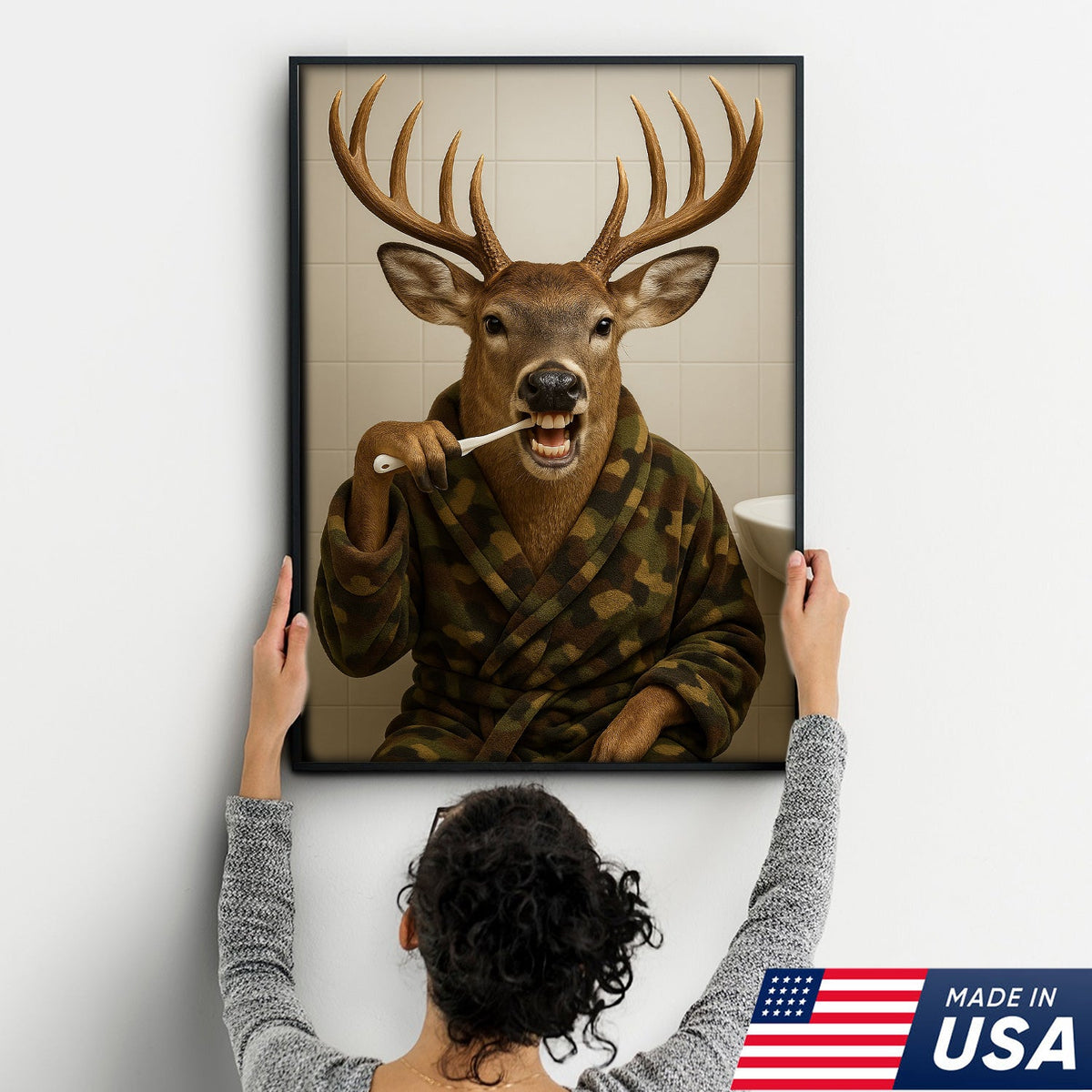 Funny Deer Brushing Teeth Wall Art – Rustic Bathroom Canvas for Cabin, Lodge & Man Cave Decor