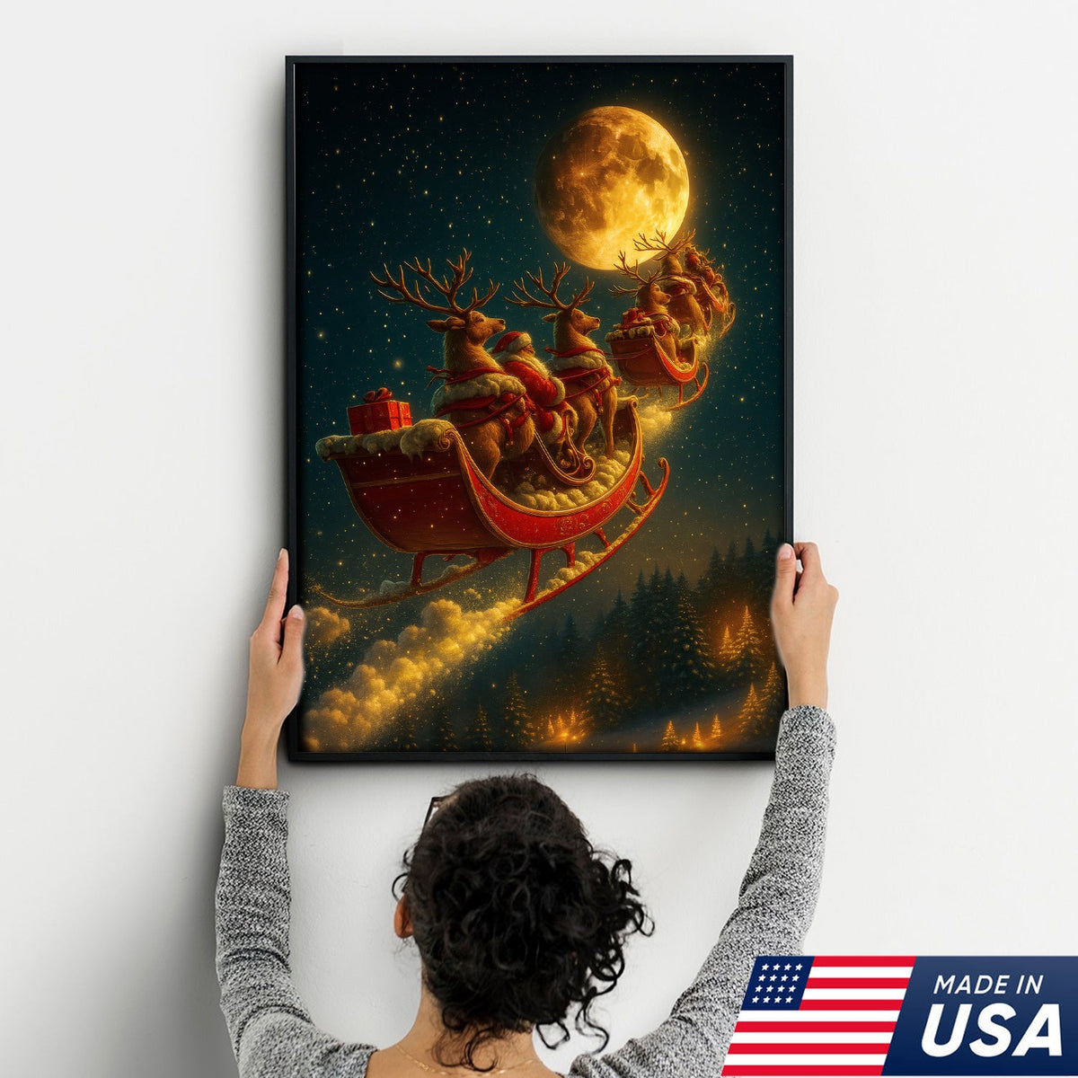 Magical Santa Sleigh and Reindeer Canvas – Christmas Wall Art Gift for Hunters & Holiday Lovers