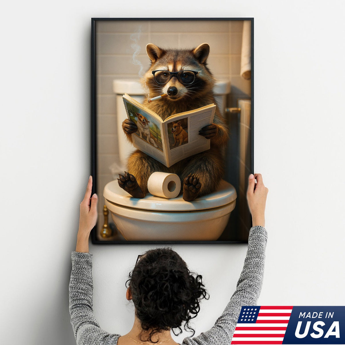 Funny Raccoon On Toilet Canvas – Smoking Raccoon Reading on Toilet, Bathroom Humor Wall Art