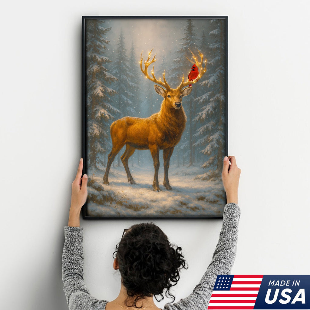Majestic Deer Christmas Canvas Wall Art – Winter Woodland Decor, Lighted Antlers Canvas