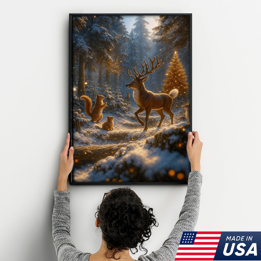 Christmas Deer Forest Wall Art Canvas – Magical Winter Woodland Print