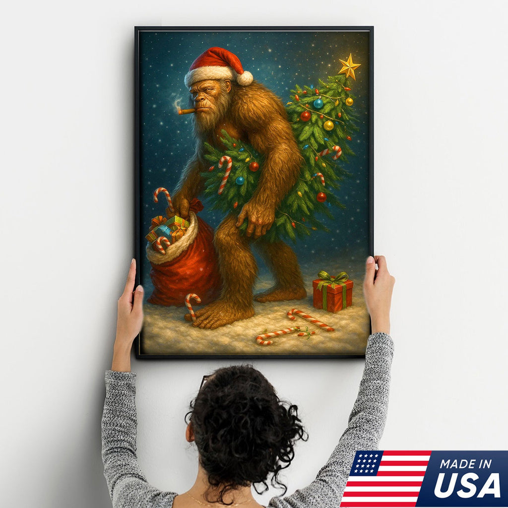 Funny Bigfoot Christmas Canvas Art, Sasquatch Holiday Wall Decor with Candy Canes
