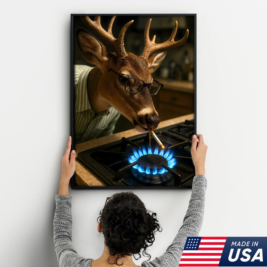 Funny Deer Smoking Canvas, Hilarious Buck Wall Art for Hunters, Rustic Cabin or Man Cave Decor