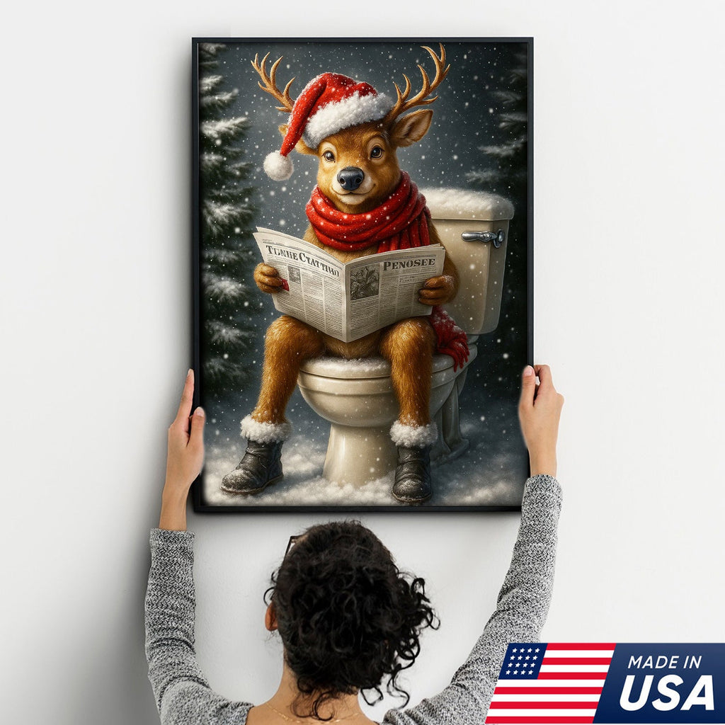 Funny Deer Christmas Canvas Wall Art – Holiday Bathroom Decor – Rustic Hunting Lodge Gift