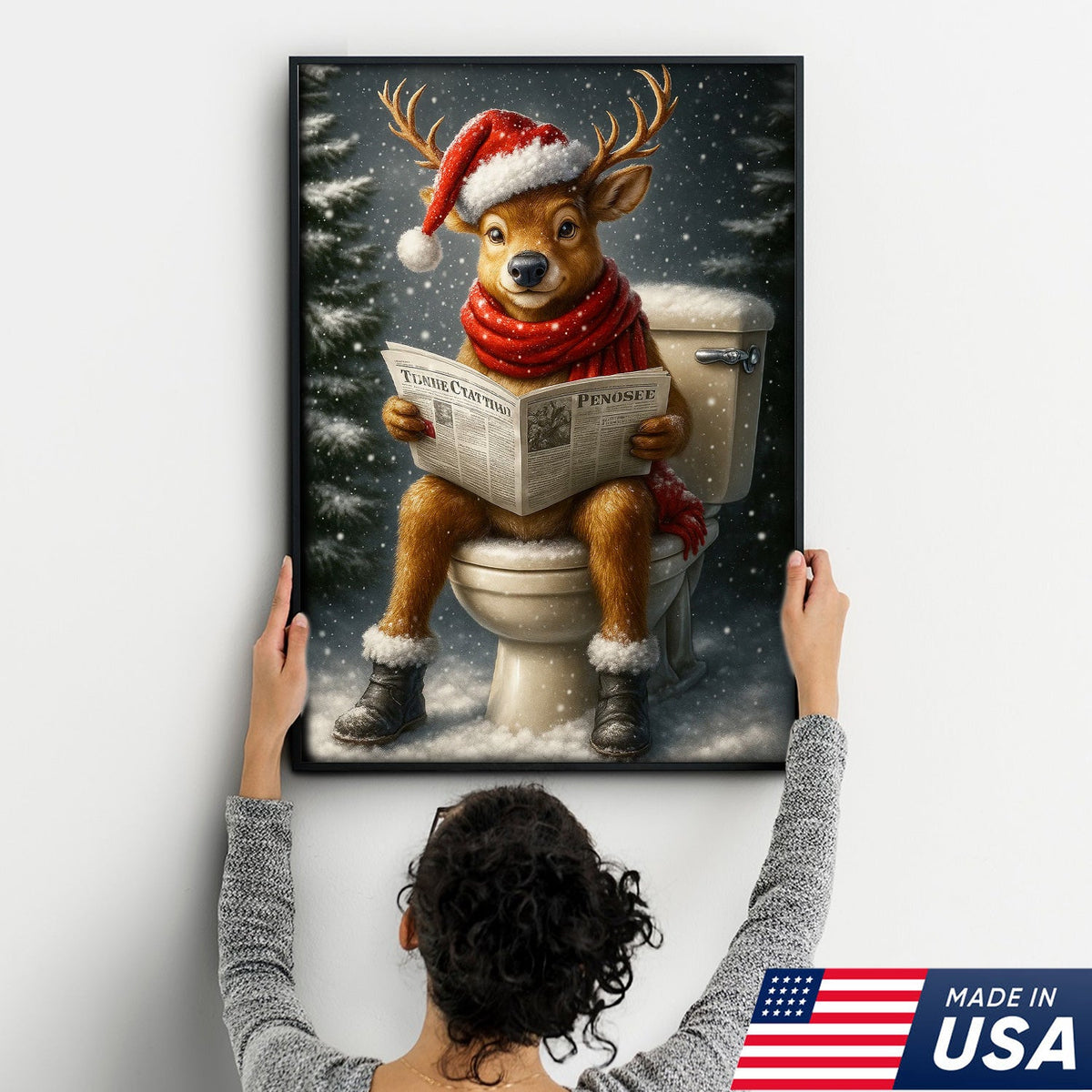 Funny Deer Christmas Canvas Wall Art – Holiday Bathroom Decor – Rustic Hunting Lodge Gift