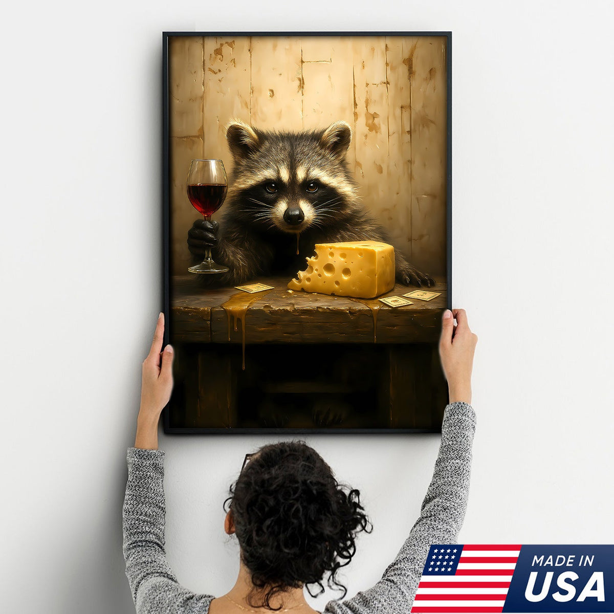 Raccoon with Wine and Cheese Canvas – Funny Bar Wall Art, Gentleman Gift for Men