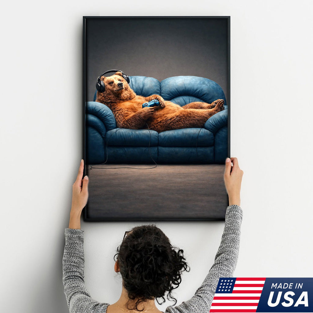 Funny Gamer Bear Wall Art Canvas Print, Relaxing Animal Gaming Illustration