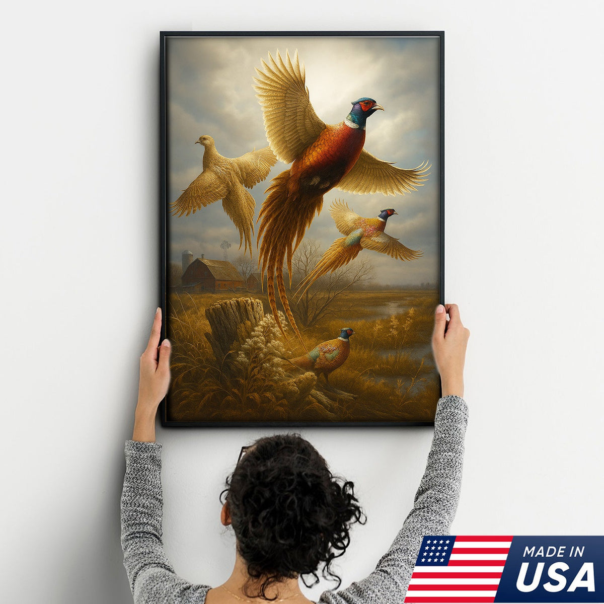 Pheasant in Flight Canvas – Rustic Countryside Wall Art for Lodge & Hunting Decor