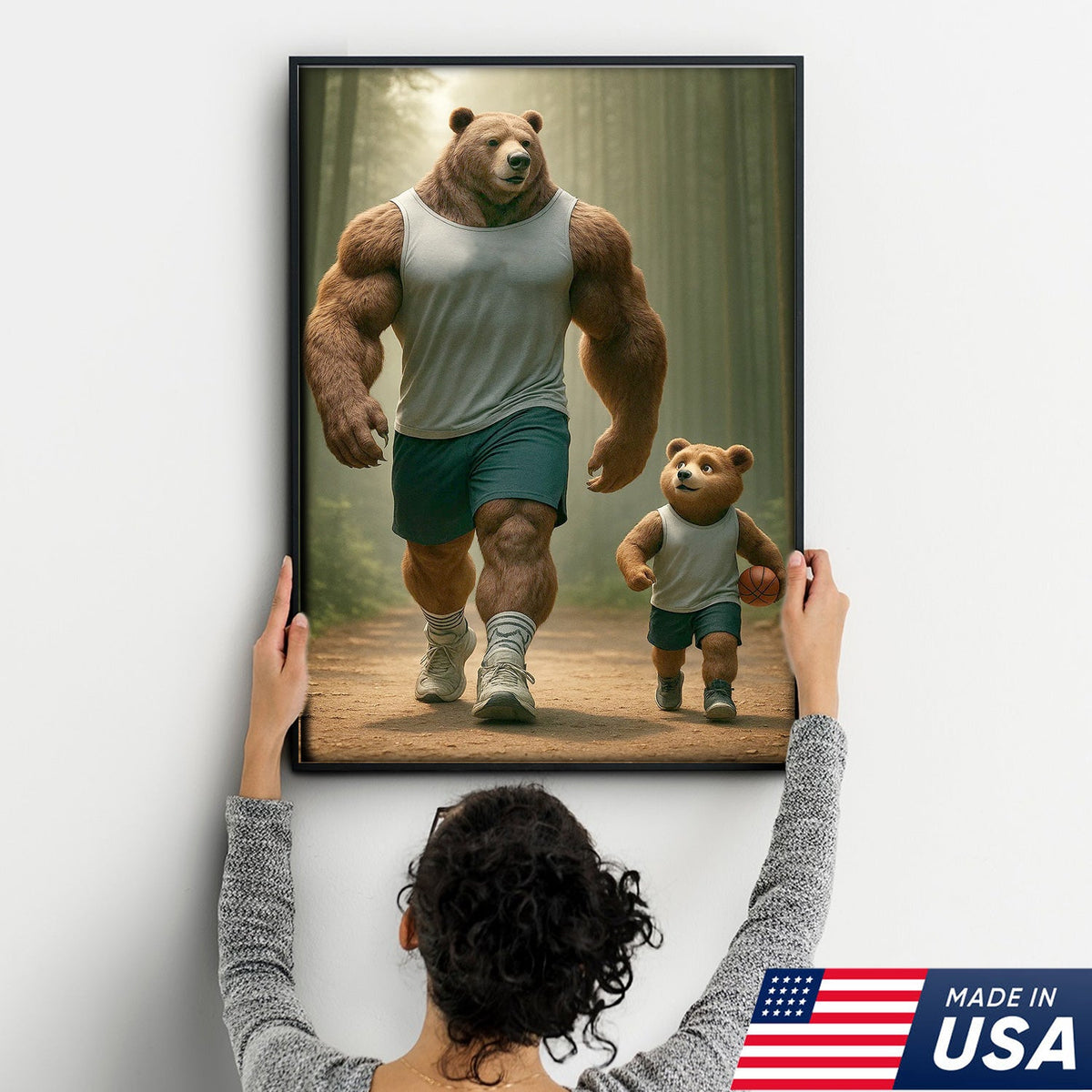Buff Bear Dad and Cub Canvas Wall Art, Fitness Father and Son Bear Print