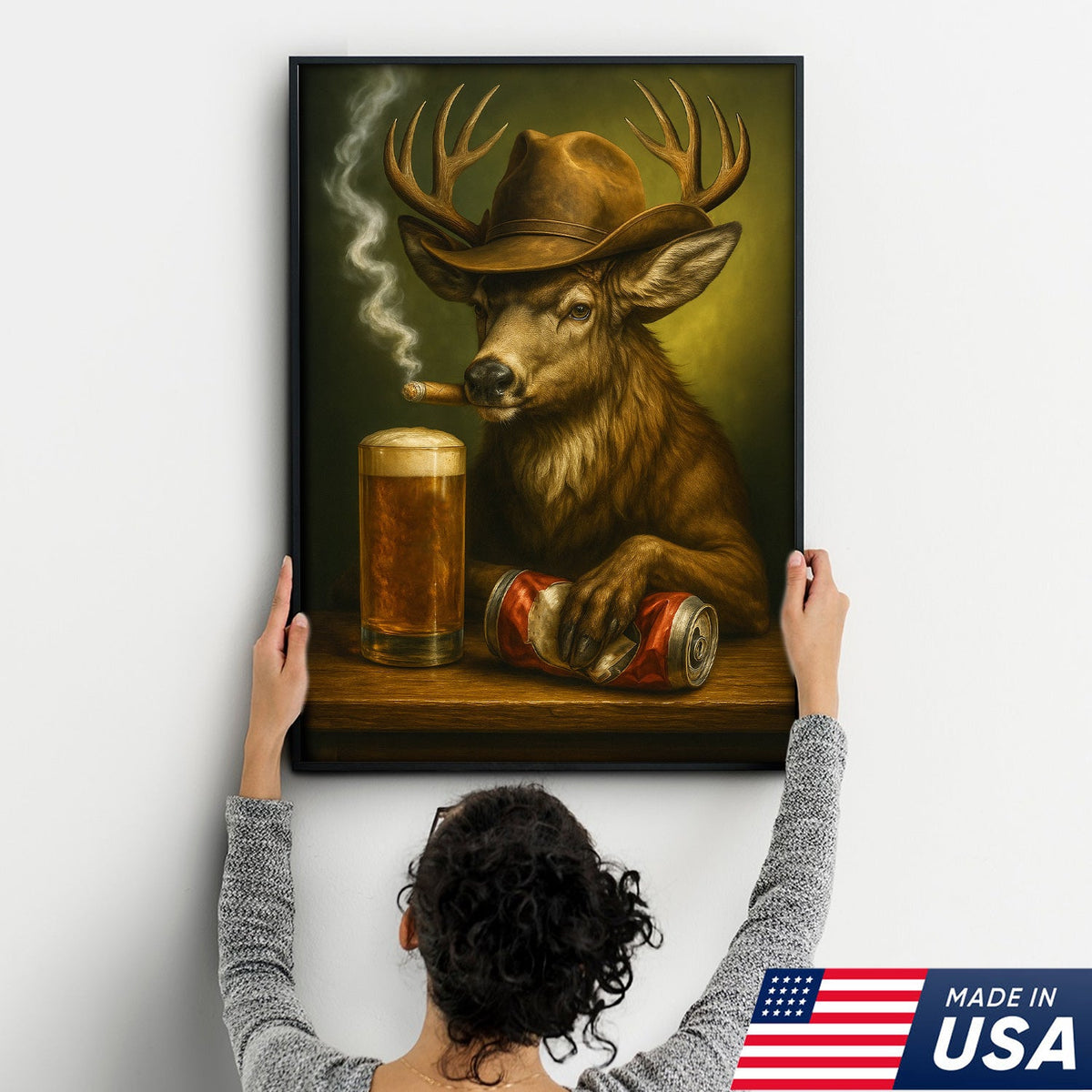 Funny Cowboy Buck Beer Canvas – Rustic Funny Wall Art Gift for Hunters, Bar Cabin & Man Cave Decor