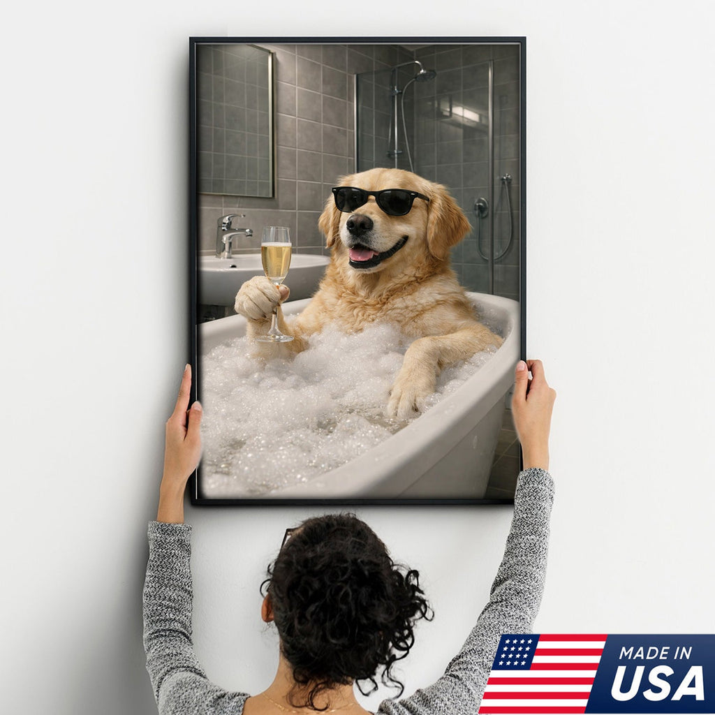 Golden Retriever Bath Canvas Wall Art, Funny Dog Bathroom Decor