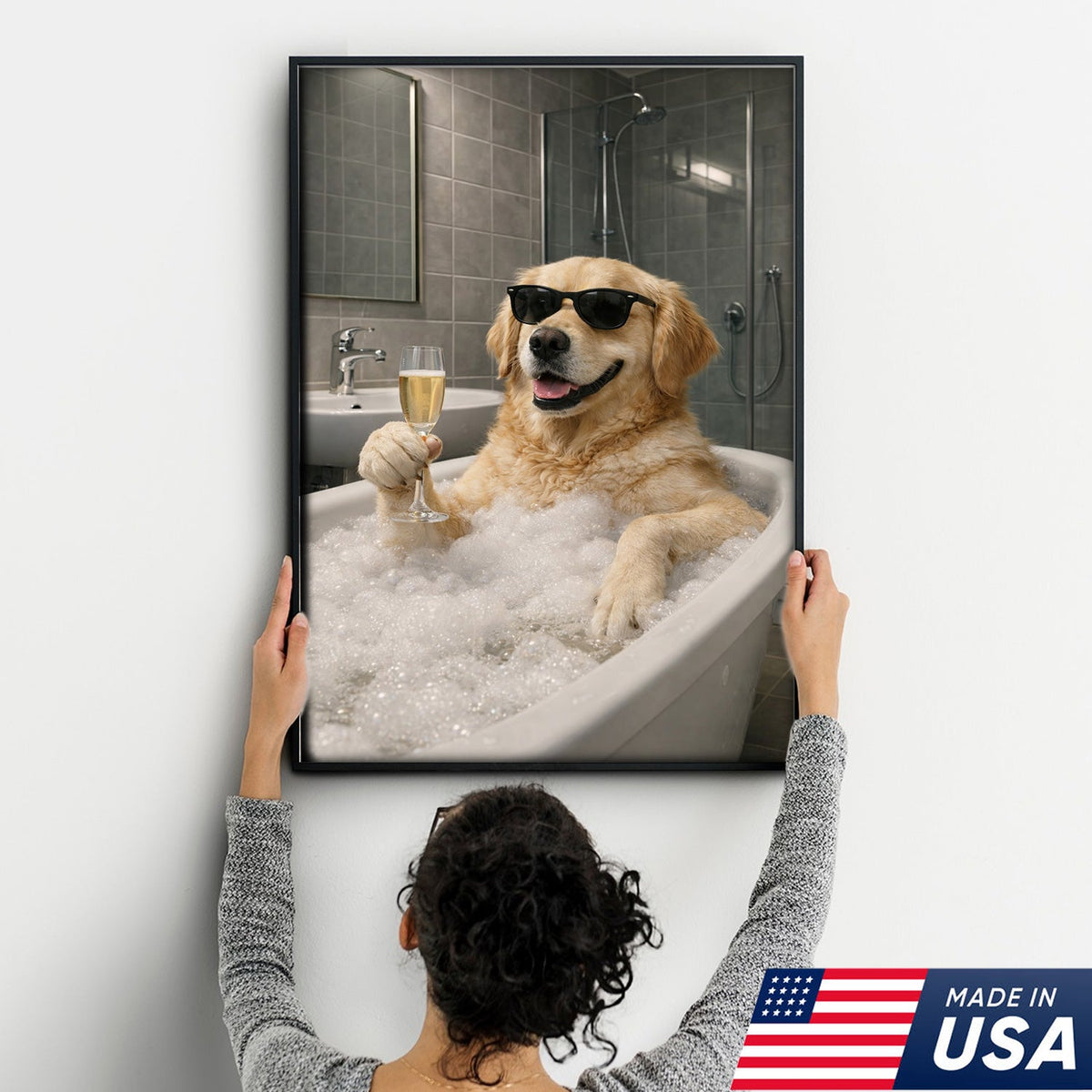 Golden Retriever Bath Canvas Wall Art, Funny Dog Bathroom Decor