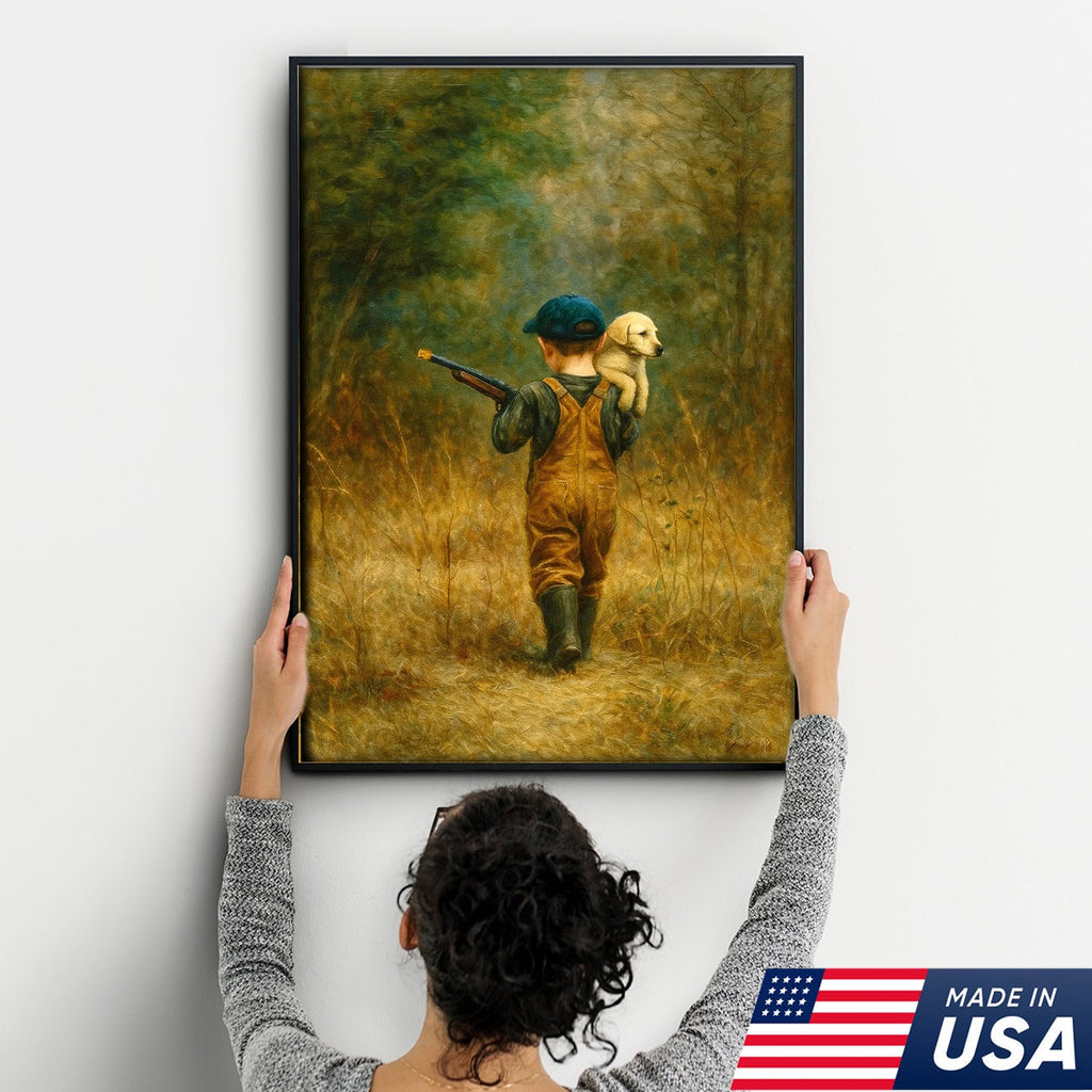 Little Hunter and Puppy Canvas Wall Art, Wholesome Boy with Dog Artwork