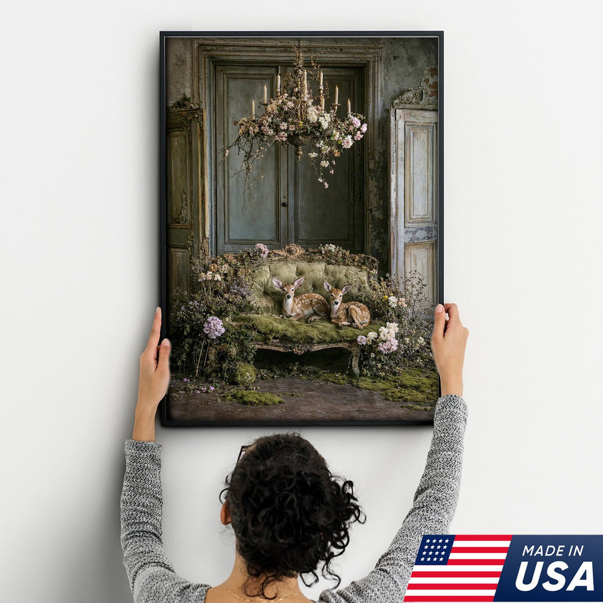 Vintage Fawn Sofa Canvas Wall Art, Twin Deer Resting on Mossy Couch