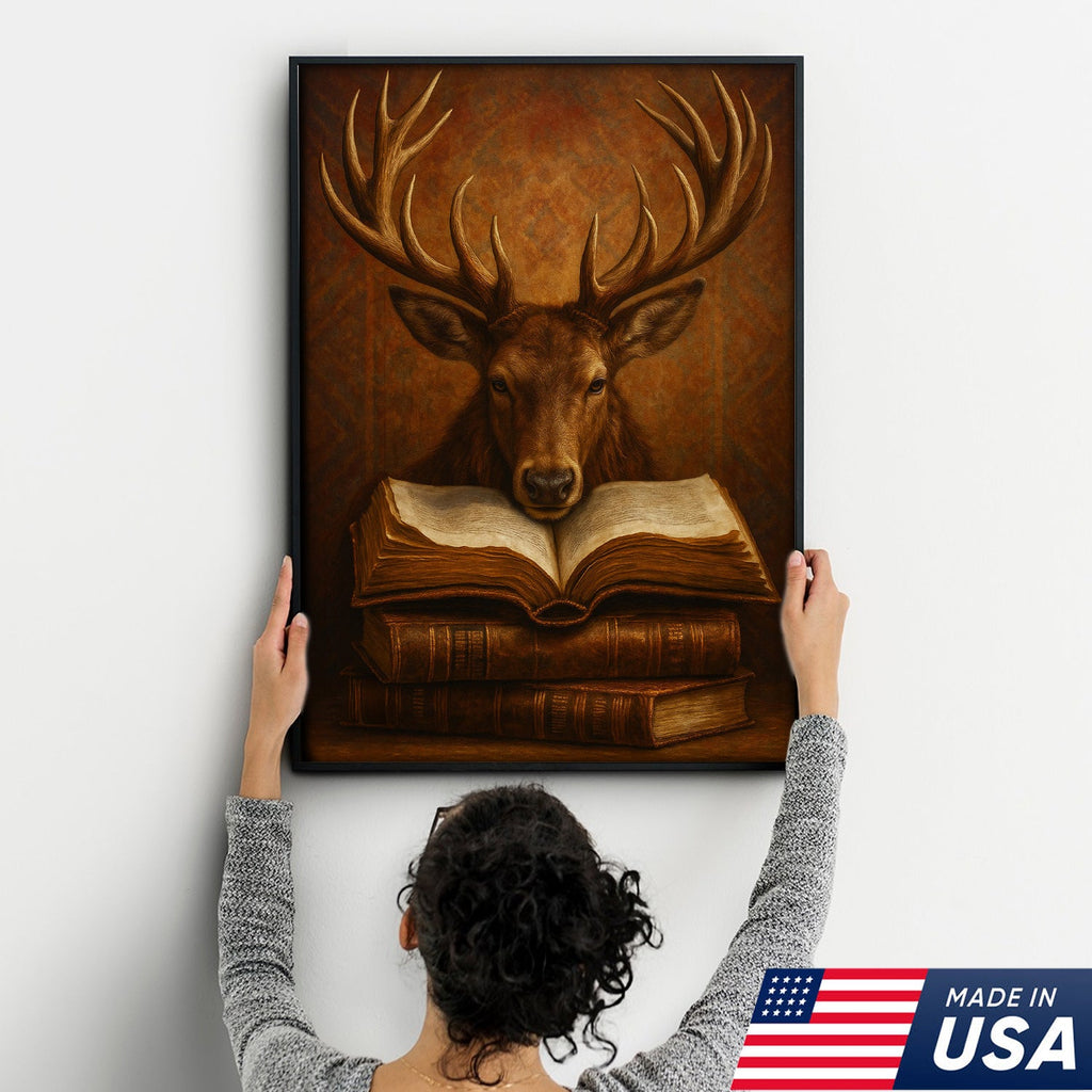Wise Deer Canvas Wall Art – Rustic Library & Cabin Decor