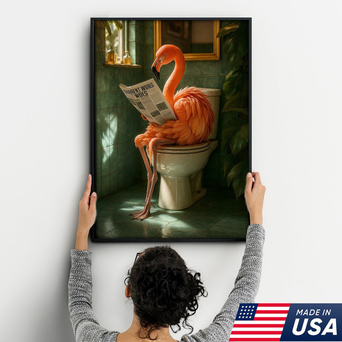 Funny Flamingo Bathroom Canvas Wall Art – Quirky Bird Reading Newspaper Print