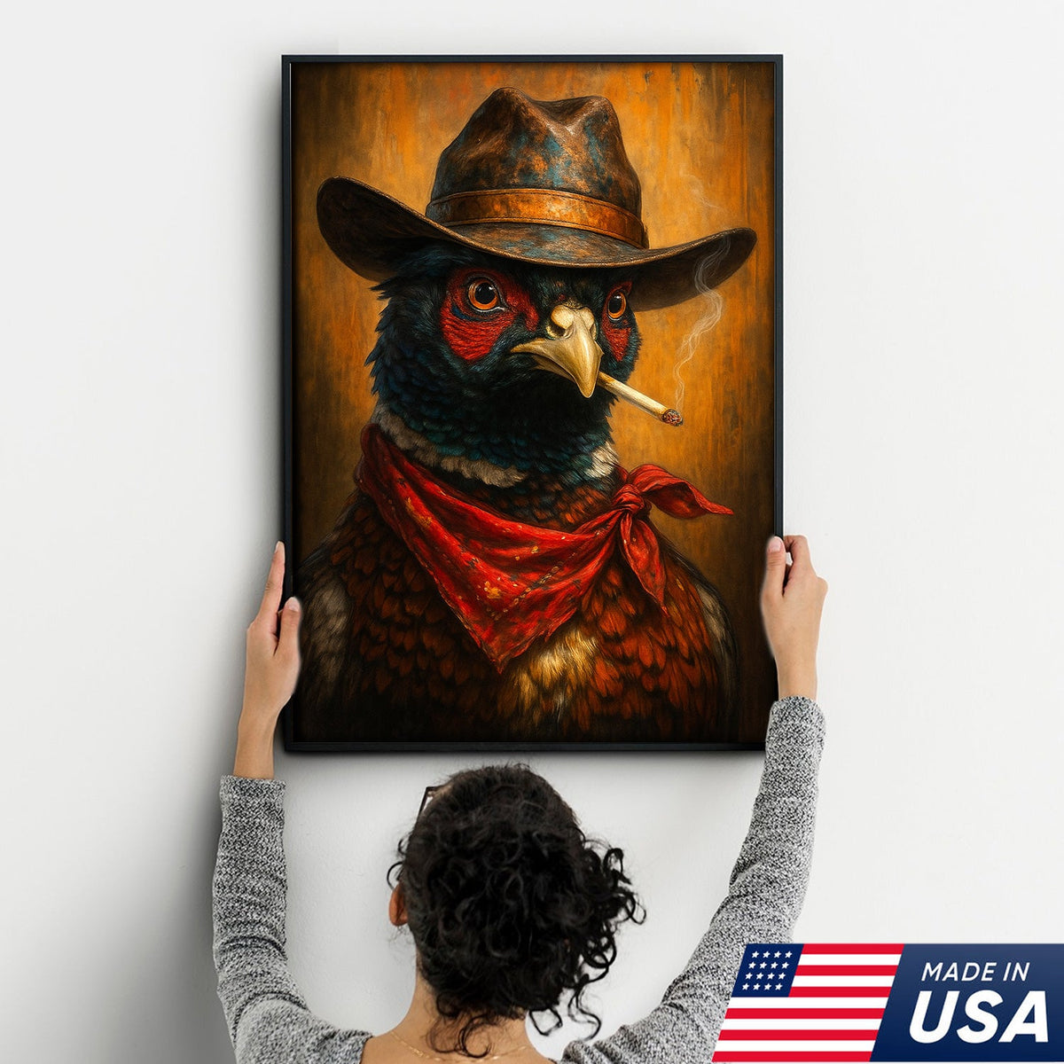 Smoking Pheasant Cowboy Portrait Canvas – Rustic Western Wall Art for Man Cave Decor