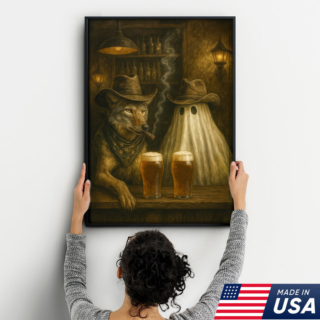 Cowboy Wolf & Ghost Canvas – Rustic Western Bar Wall Art for Halloween