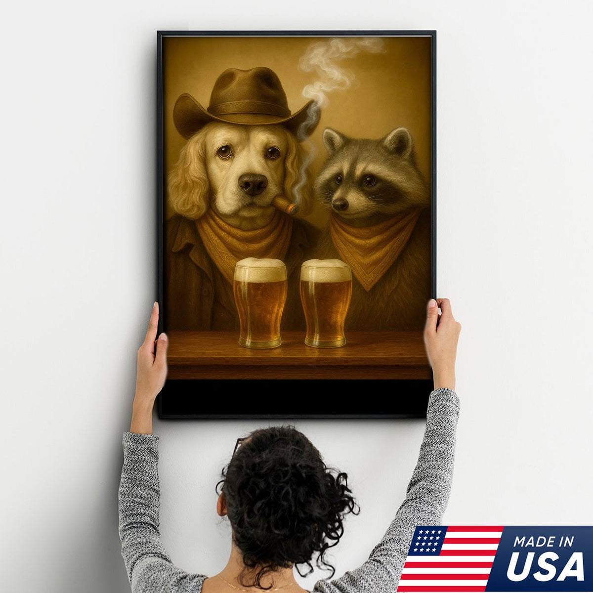 Funny Dog & Raccoon Bar Art – Cowboy Dog Smoking Cigar, Beer Buddies Wall Decor Gift for Men