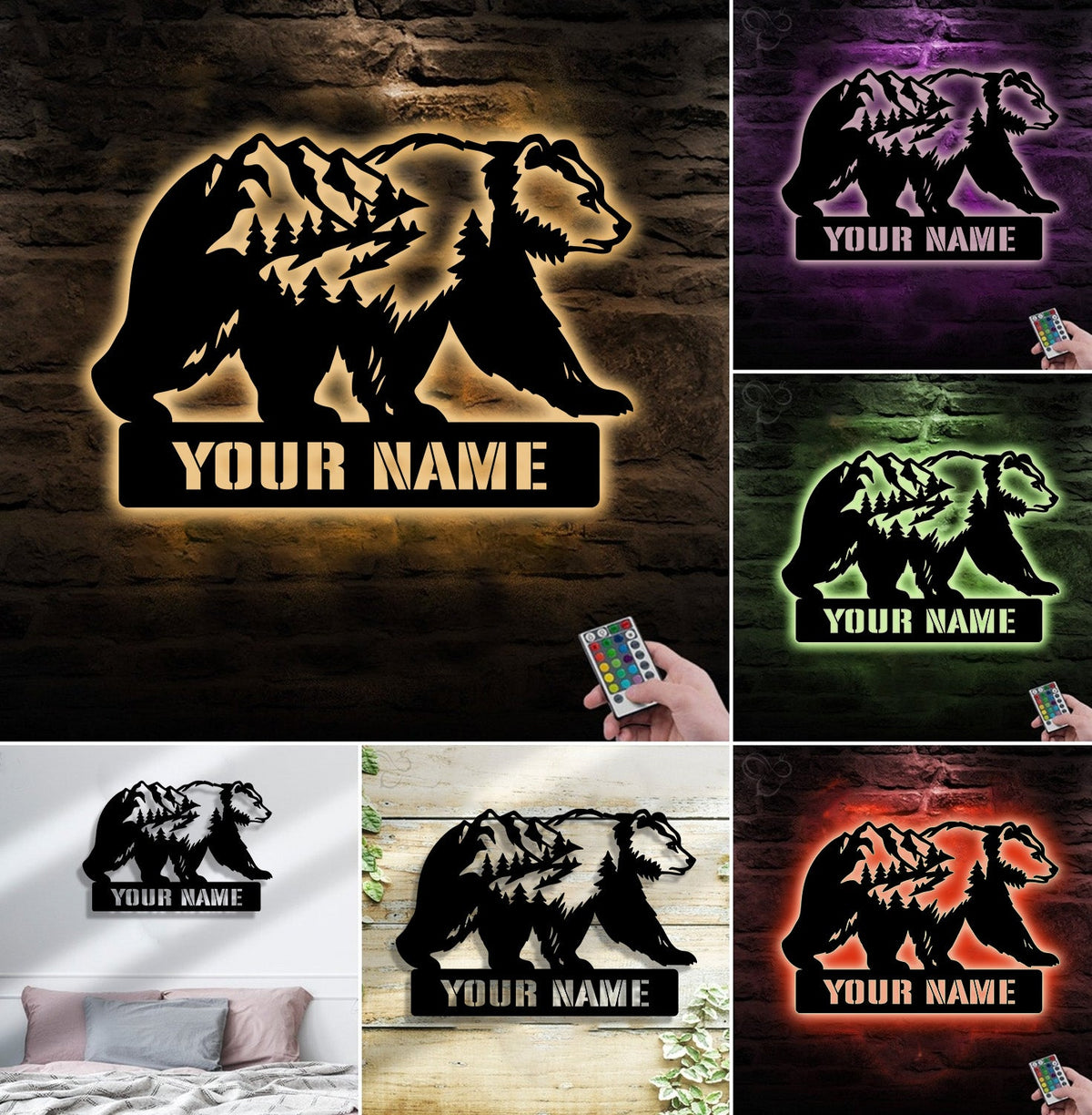Personalized Bear Metal Sign WITH LED/WITHOUT LED, Mountain Forest Wildlife Wall Art, Rustic Cabin Decor