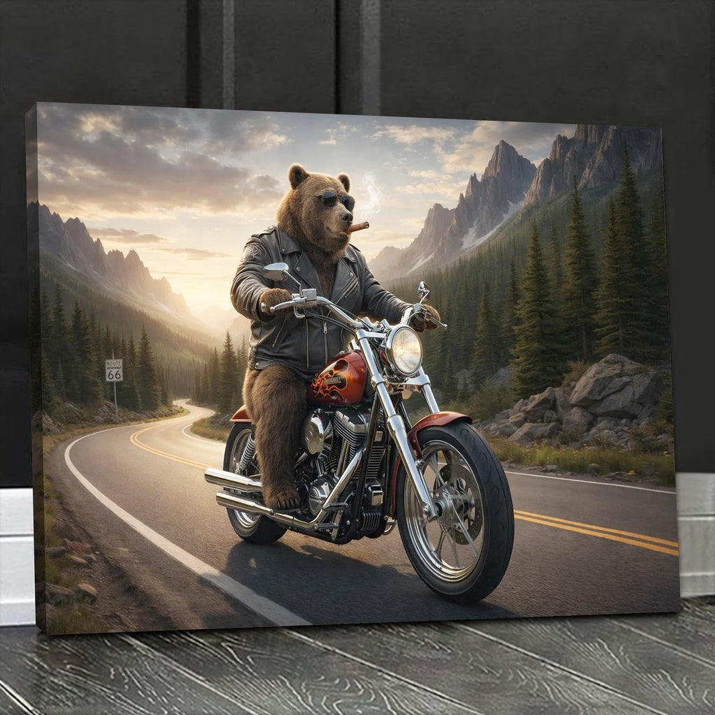Cool Biker Bear Canvas Wall Art, Motorcycle Bear Riding Scenic Mountain Highway