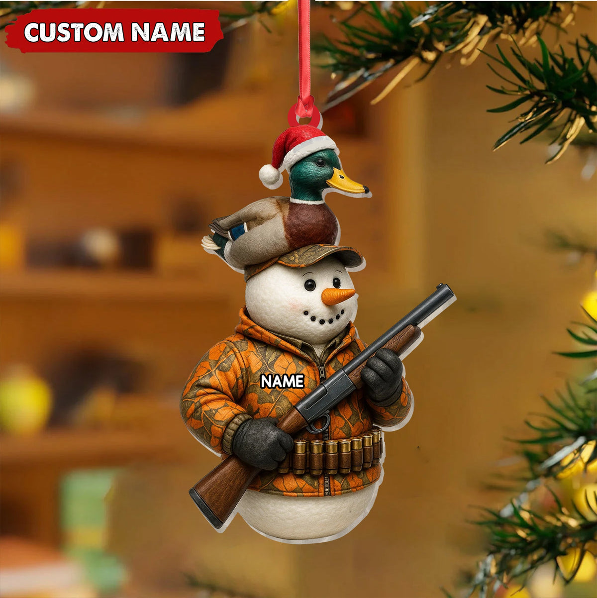 Personalized Duck Hunter Snowman Ornament, Custom Name Christmas Decoration for Hunters