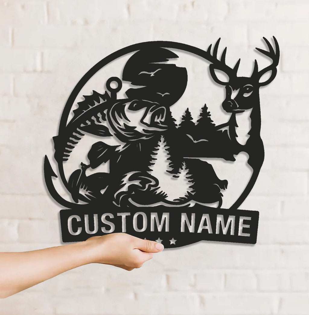 Personalized Deer and Fish Hunting Metal Sign WITH LED/WITHOUT LED, Rustic Cabin Wall Decor