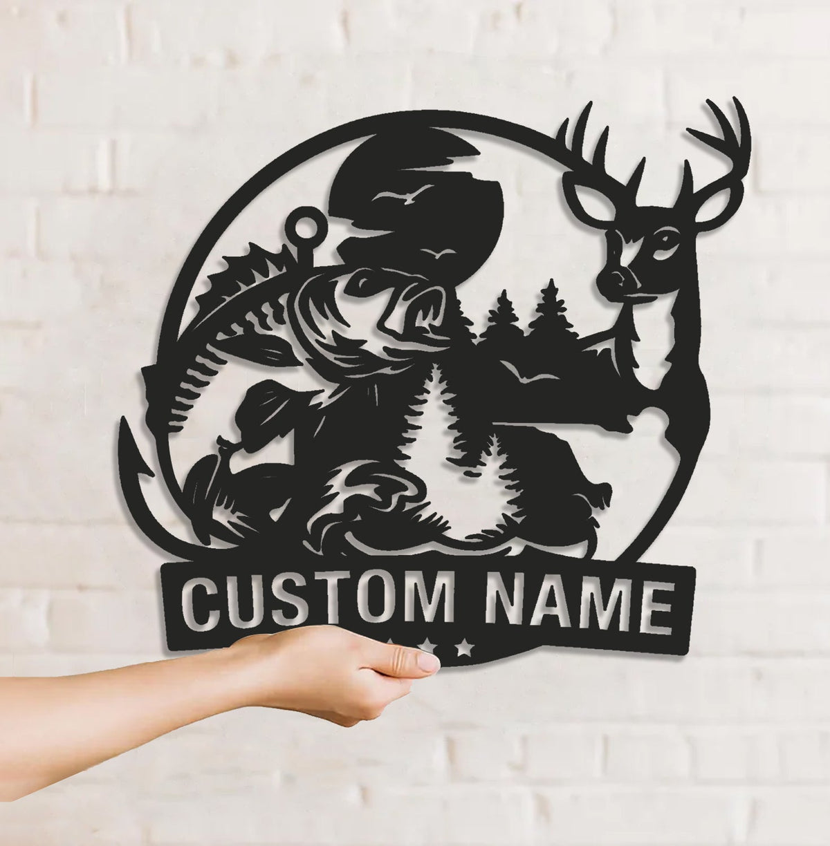 Personalized Deer and Fish Hunting Metal Sign WITH LED/WITHOUT LED, Rustic Cabin Wall Decor