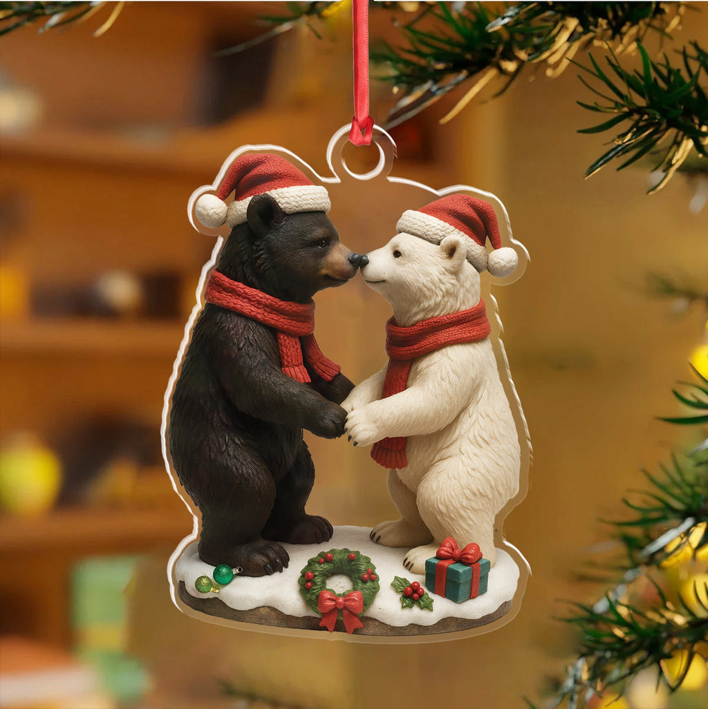 Christmas Bear Couple Figurine Acrylic Ornament – Cute Holiday Decor for Couples, Polar and Brown Bear Love Statue, Romantic Christmas Gift for Him or Her