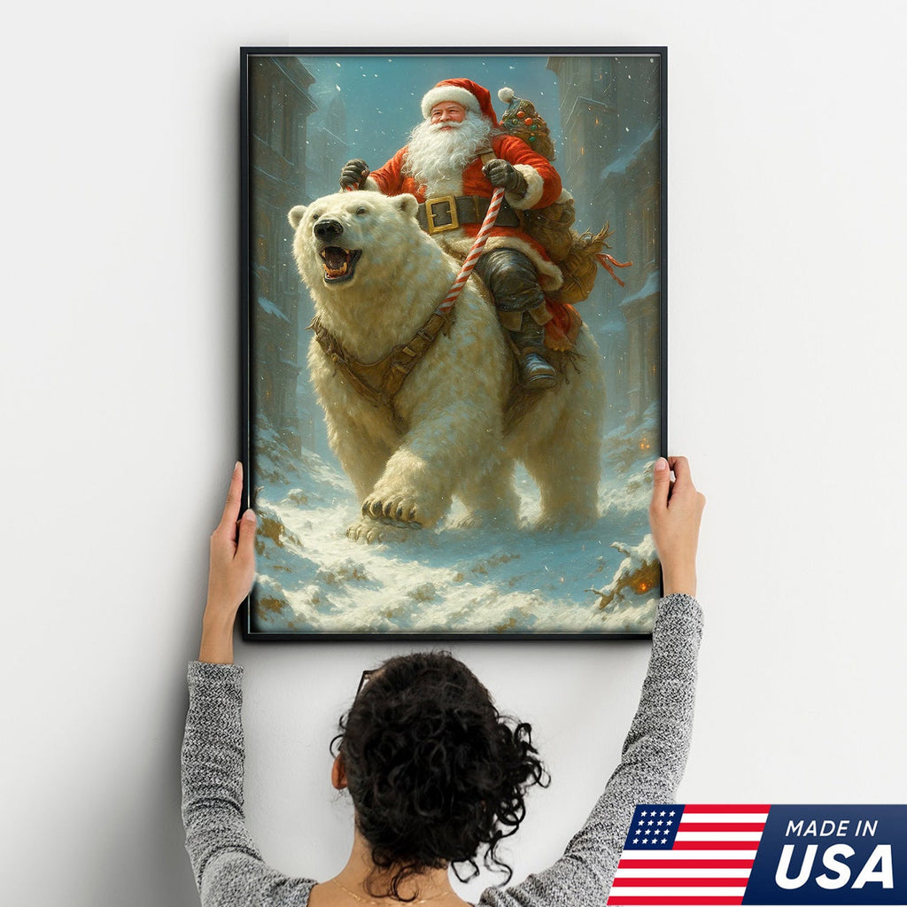 Santa Riding Polar Bear Canvas Wall Art, Epic Christmas Adventure Santa Print