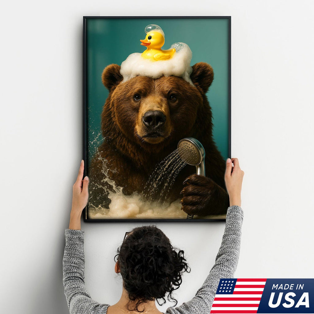 Funny Bear Bathroom Wall Art Canvas – Cute Bear Bubble Bath with Rubber Duck