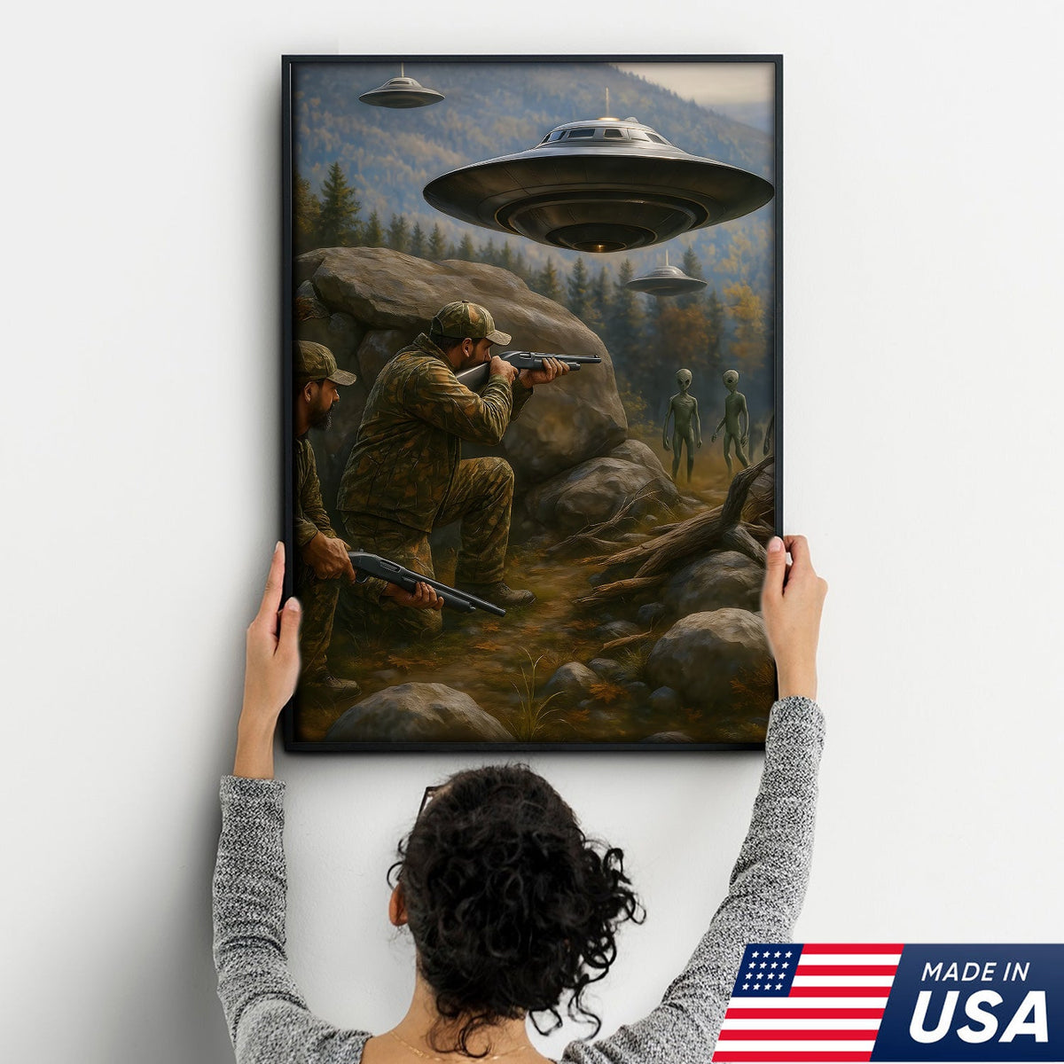 Alien Encounter Hunting Canvas Wall Art, Funny Hunters vs UFO Scene