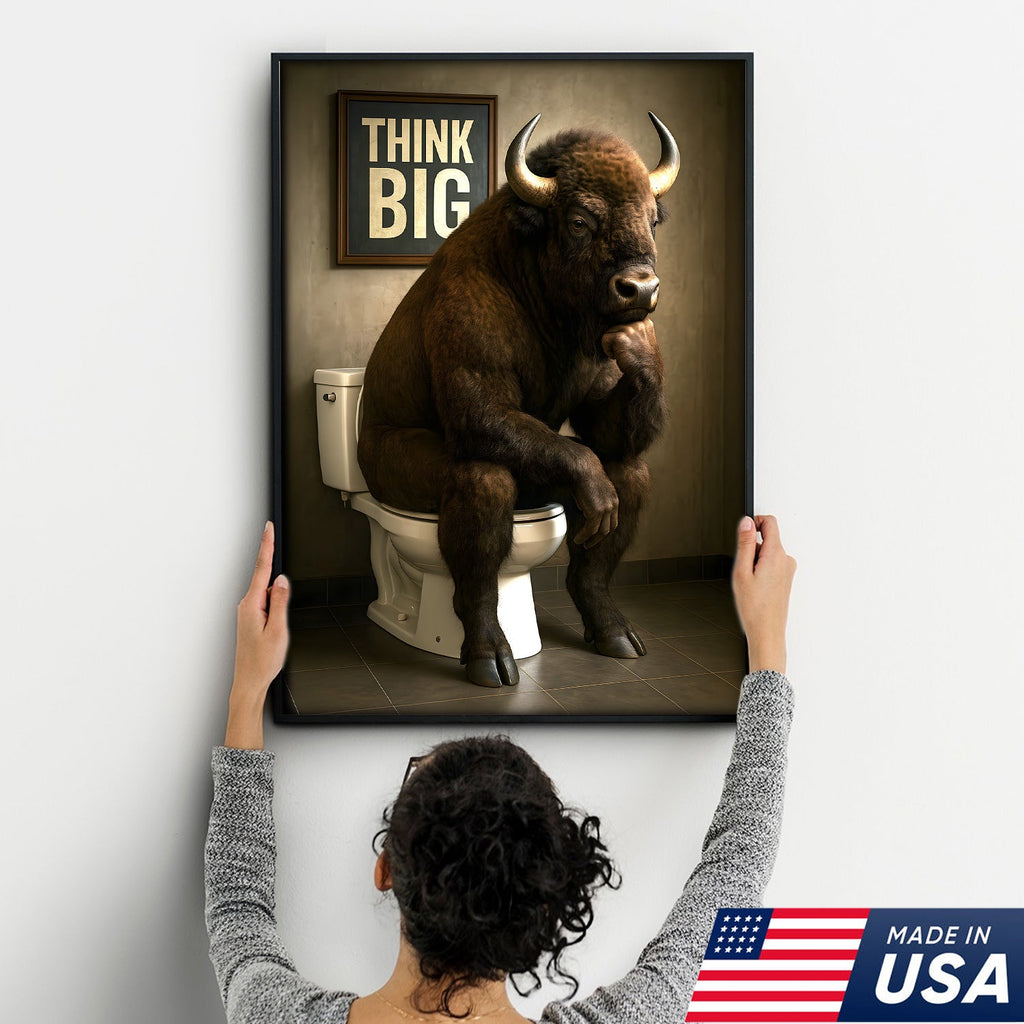 Funny Buffalo Bathroom Wall Art – Think Big Bison Canvas, Rustic Farmhouse Animal Decor