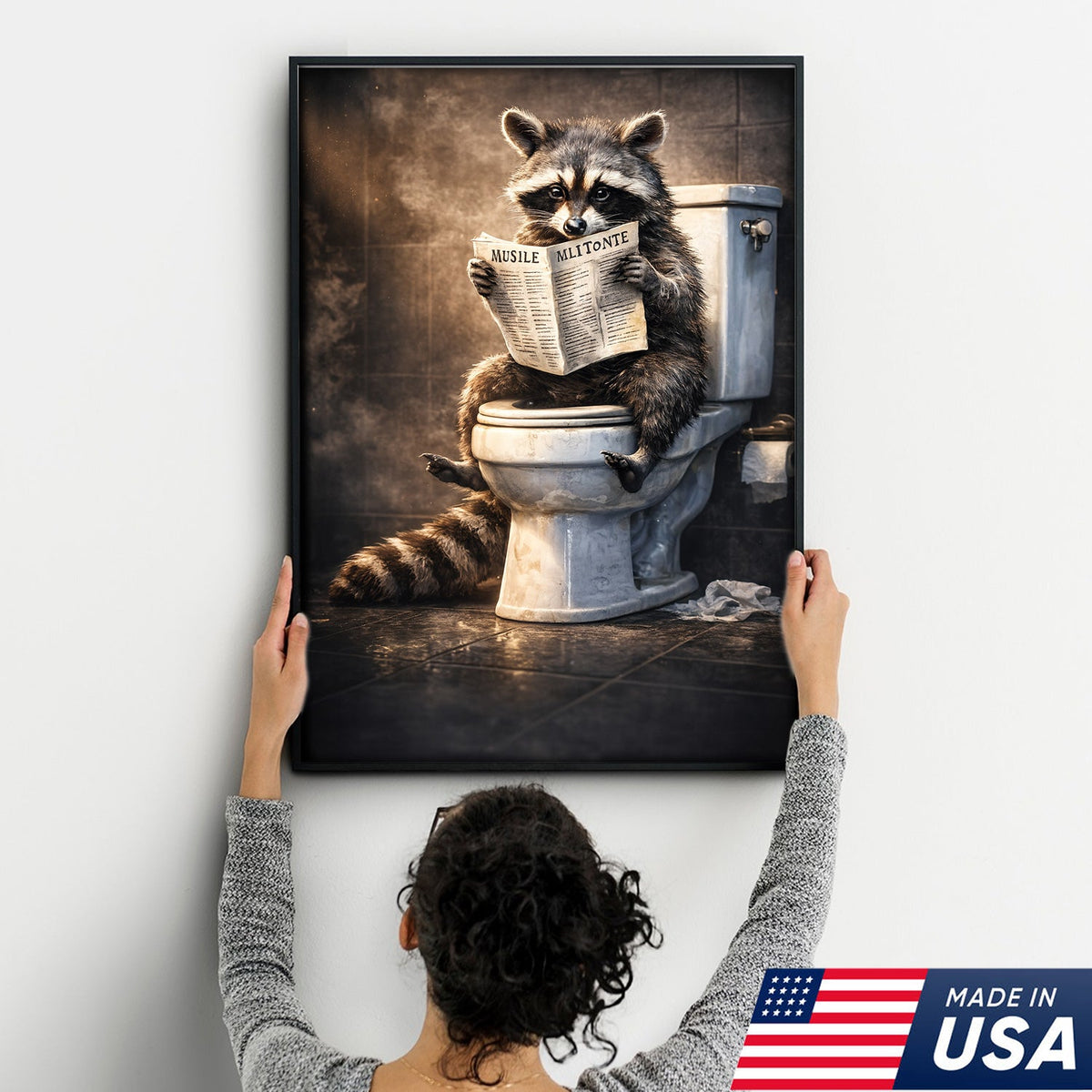Funny Raccoon Toilet Reading Canvas – Quirky Bathroom Humor Wall Art