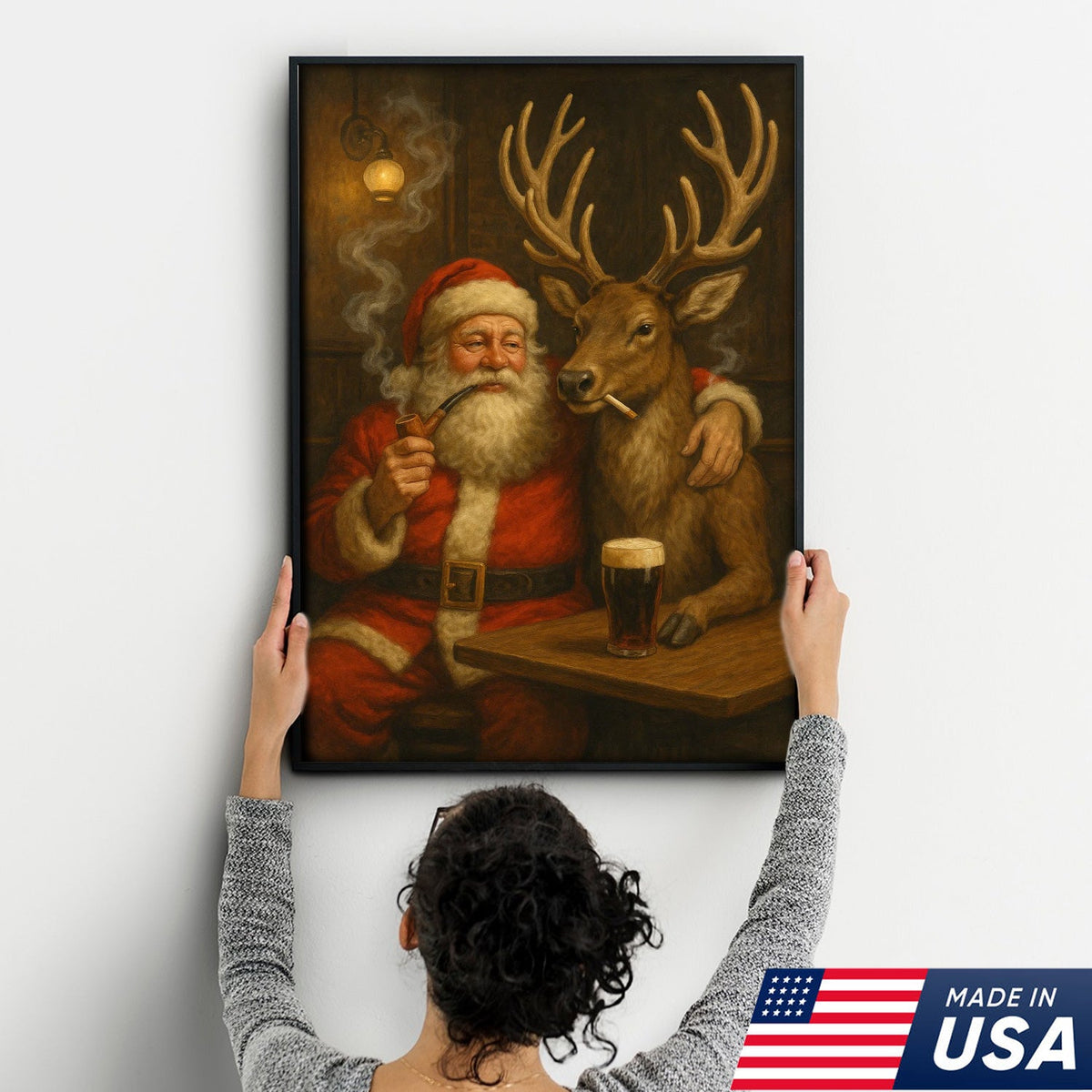 Funny Santa and Reindeer Wall Art Canvas – Rustic Christmas Lodge Decor