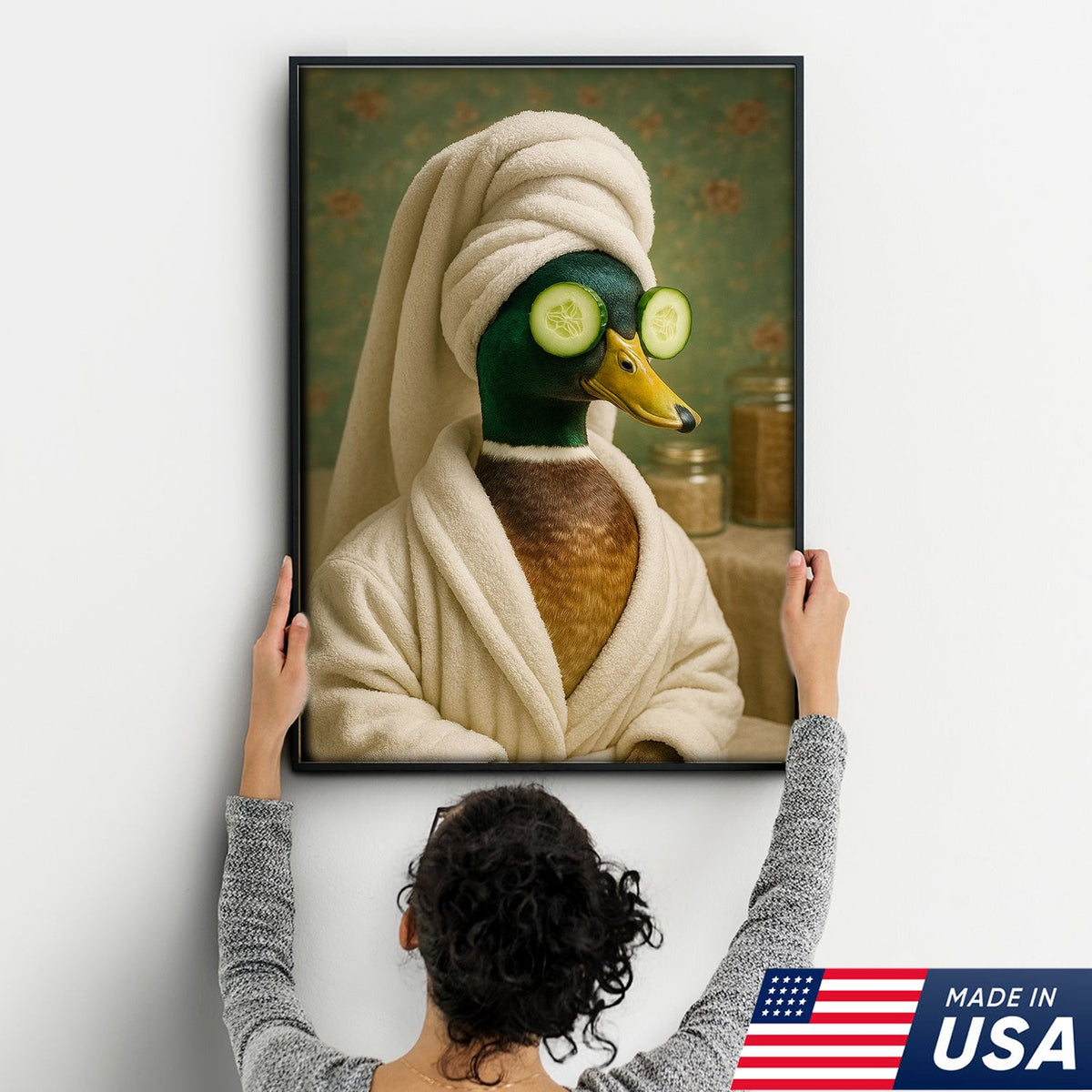 Spa Day Duck Canvas Wall Art, Funny Bathroom Spa Decor, Mallard in Robe with Cucumber Eyes