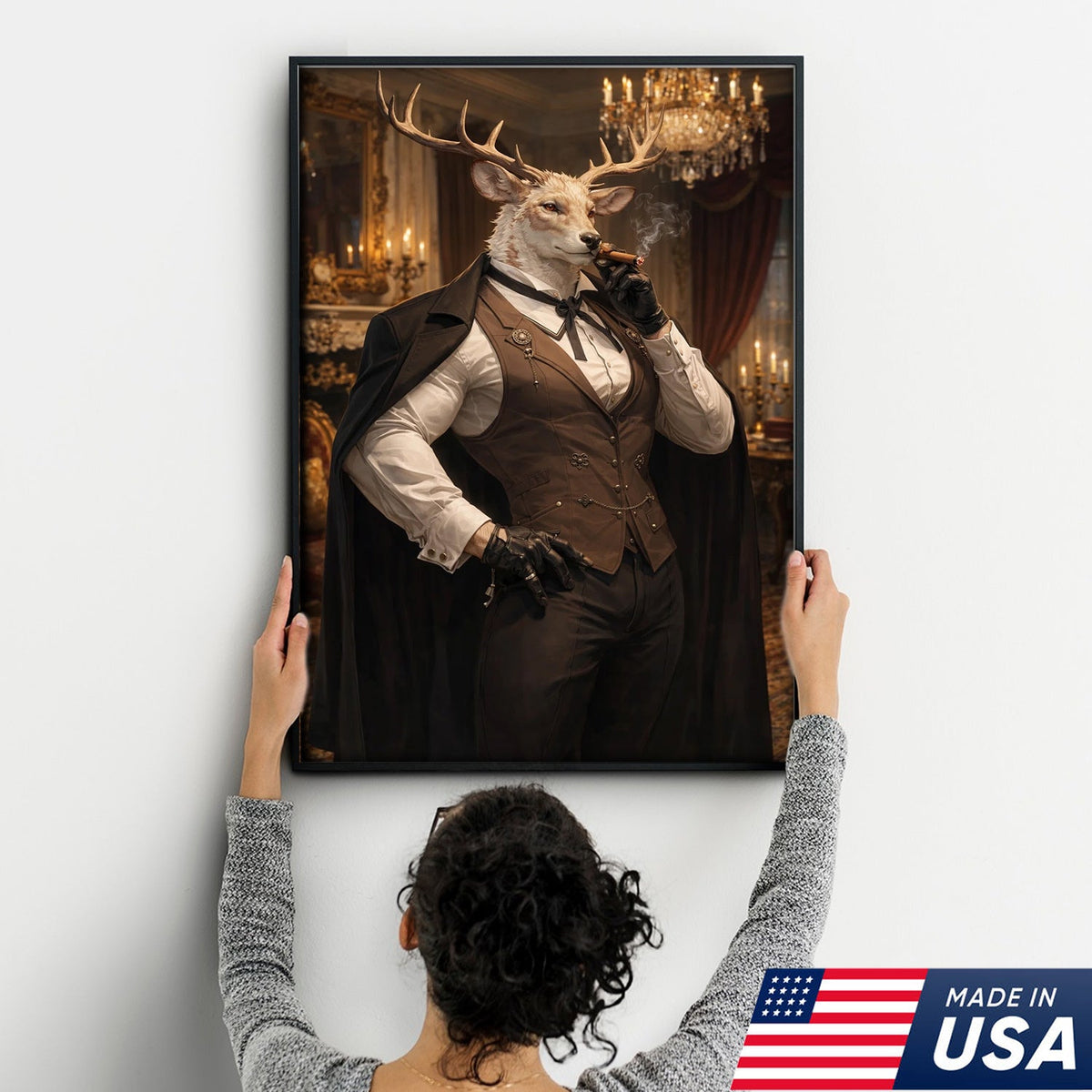 Victorian Deer Gentleman Canvas Wall Art, Elegant Stag Portrait Illustration