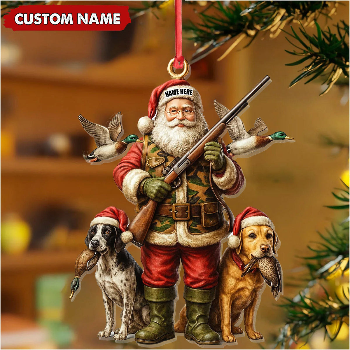Personalized Santa Duck Hunter Ornament, Custom Name Christmas Gift for Hunting Lovers