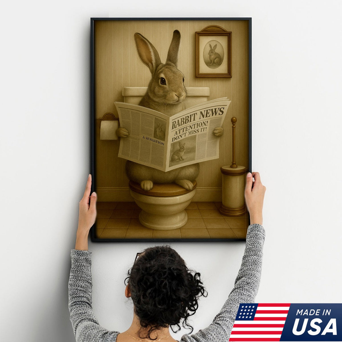 Funny Bunny Rabbit Bathroom Canvas – Unique Rustic Wildlife Decor Gift for Hunting Enthusiasts
