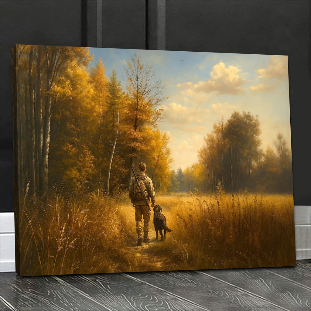 Hunting Canvas Wall Art – Hunter Walking with Dog in Autumn Forest – Rustic Wildlife Wall Decor