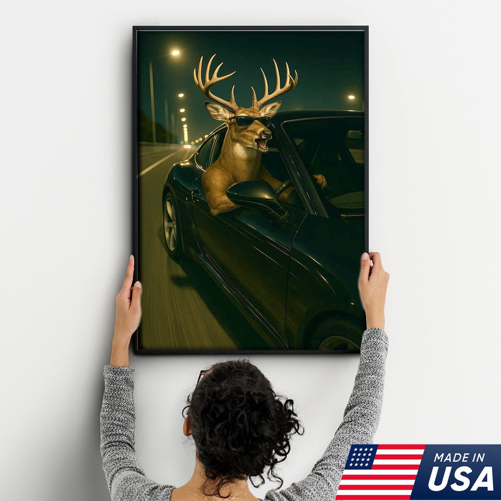 Funny Deer Driving Canvas, Cool Buck in Car Wall Art, Humorous Hunter Gift