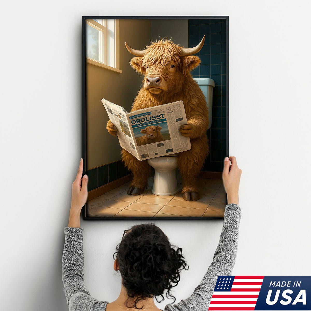 Highland Cow Bathroom Canvas Wall Art, Funny Farmhouse Restroom Decor
