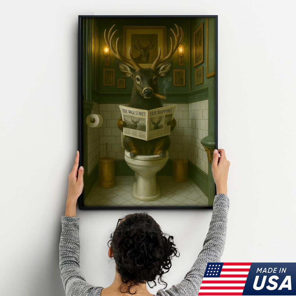 Black-Tailed Deer On Toilet Canvas Wall Art – Unique Funny Bathroom Decor Gift
