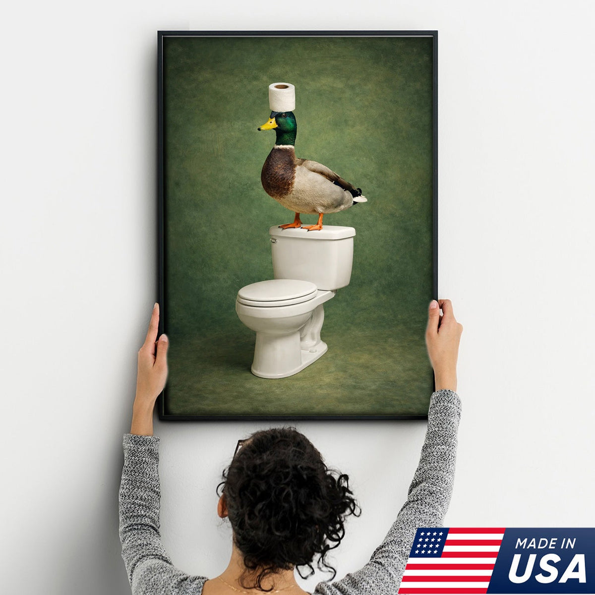 Funny Duck Bathroom Wall Art, Duck on Toilet Bathroom Canvas