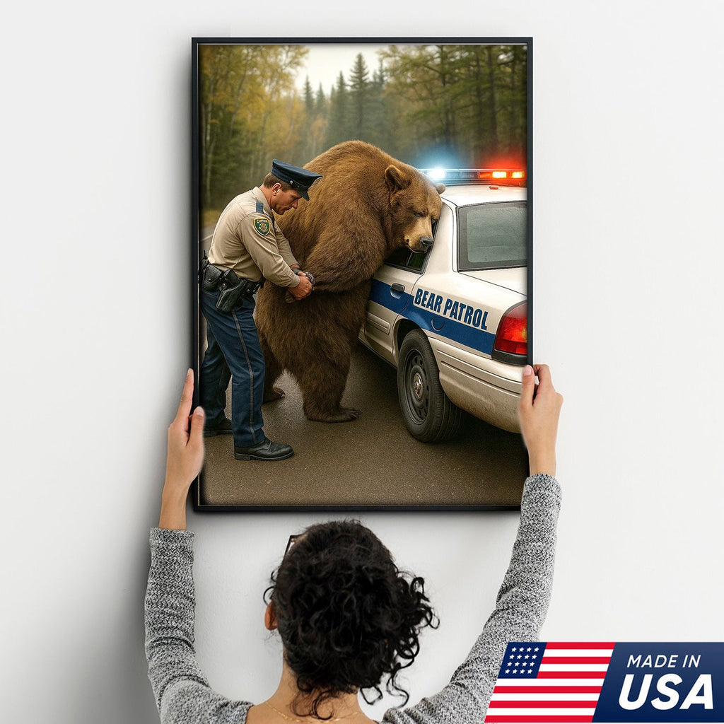 Funny Bear Patrol Canvas Wall Art, Humorous Wildlife Police Artwork, Rustic Cabin Decor
