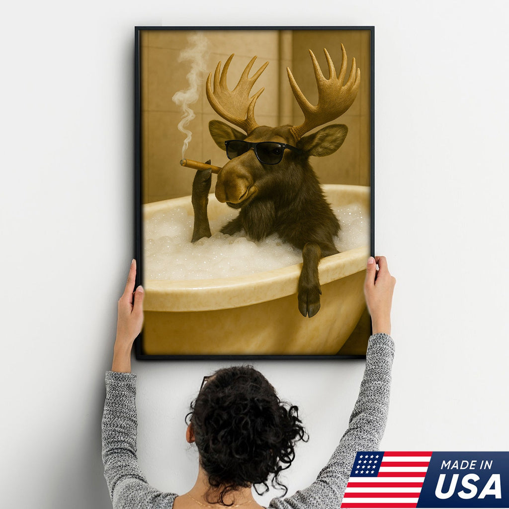 Rustic Bathroom Humor Moose Canvas – Smoking Bubble Bath Wall Art for Hunting Cabin