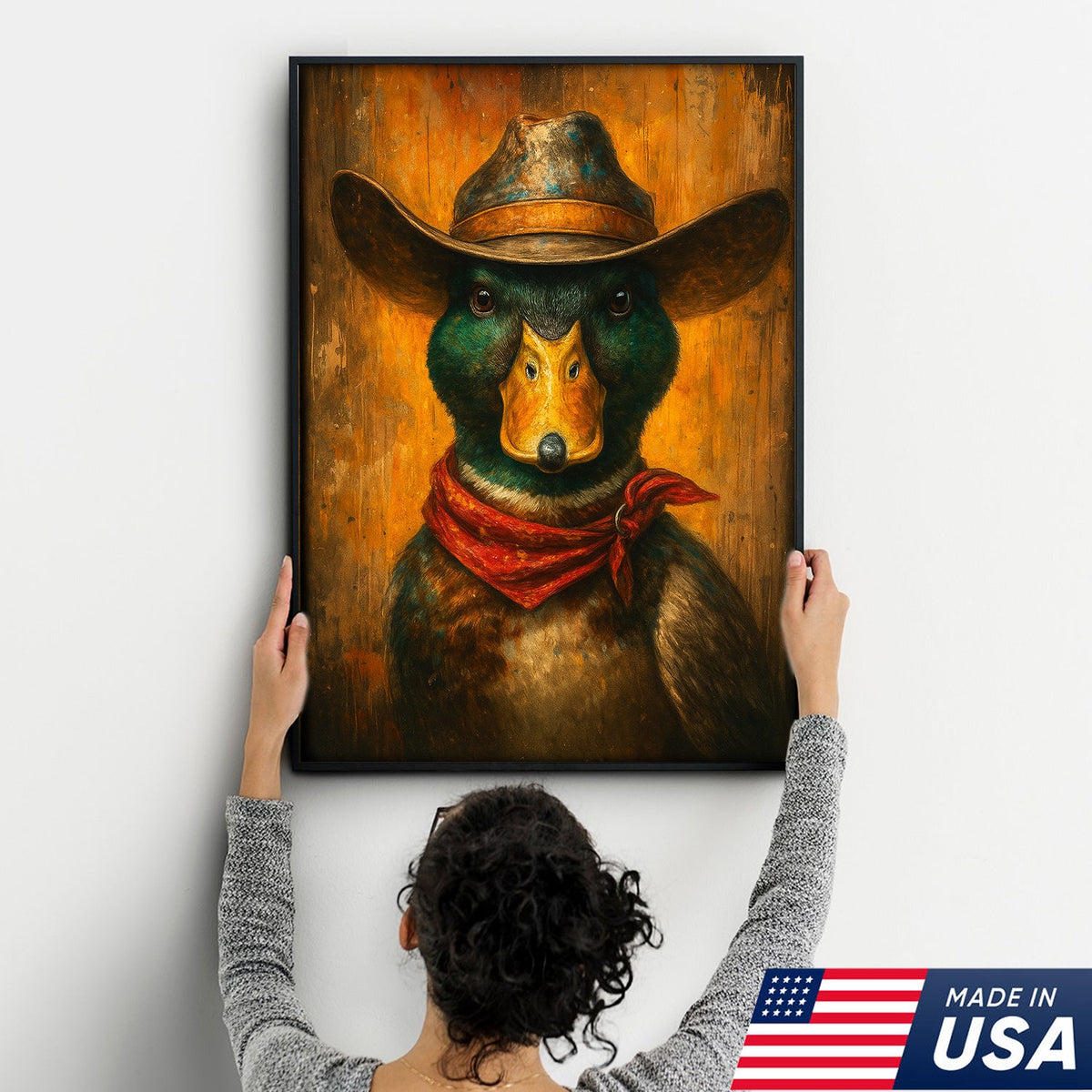 Cowboy Duck Portrait Canvas – Rustic Western Wall Art for Man Cave & Lodge Decor