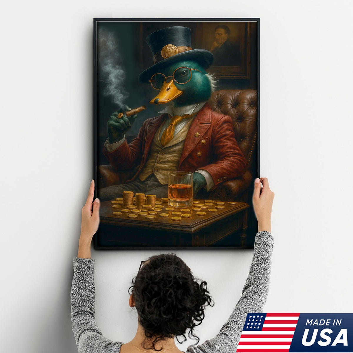 Rich Duck Boss Canvas Wall Art, Fancy Dapper Duck in Suit with Gold Coins