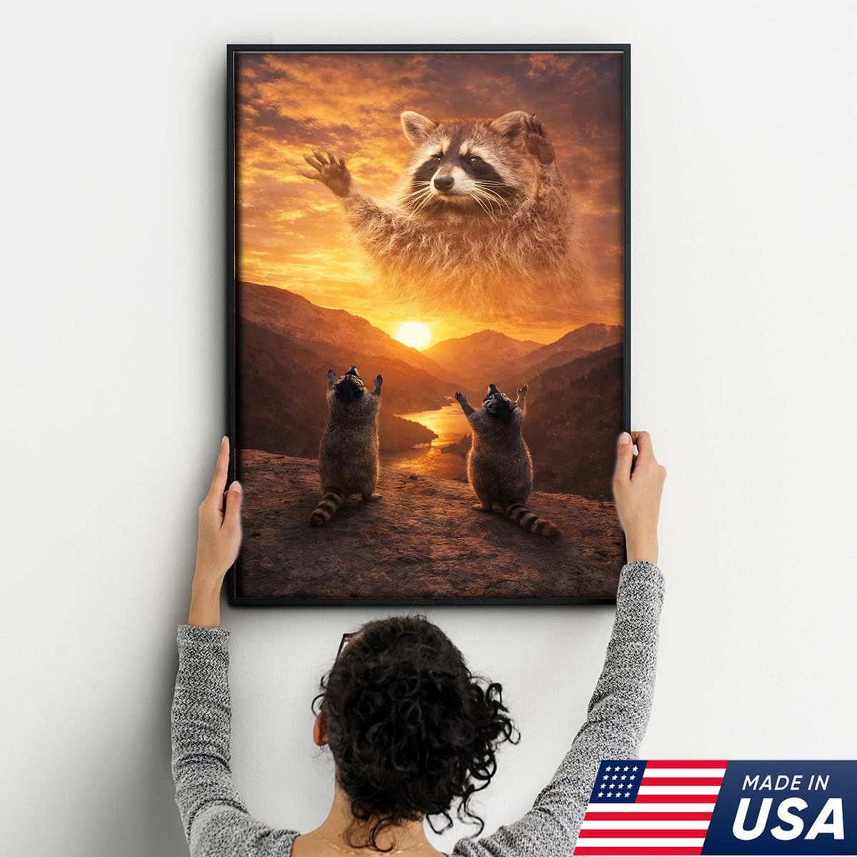 Funny Raccoon God Sunset Canvas Wall Art, Raccoon Worship Mountain Landscape