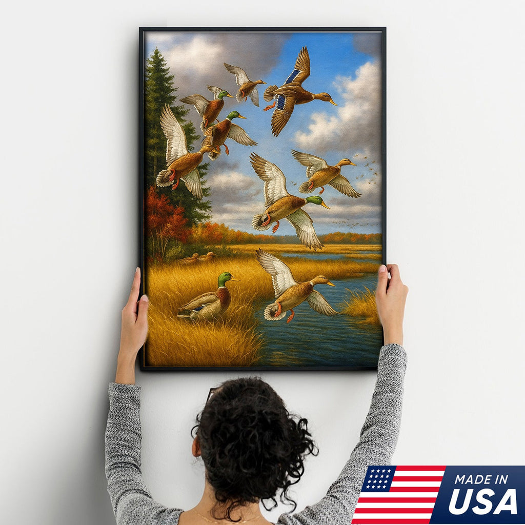 Mallard Ducks Flying Wall Art Canvas – Vintage Waterfowl Hunting Scene Canvas for Outdoorsmen